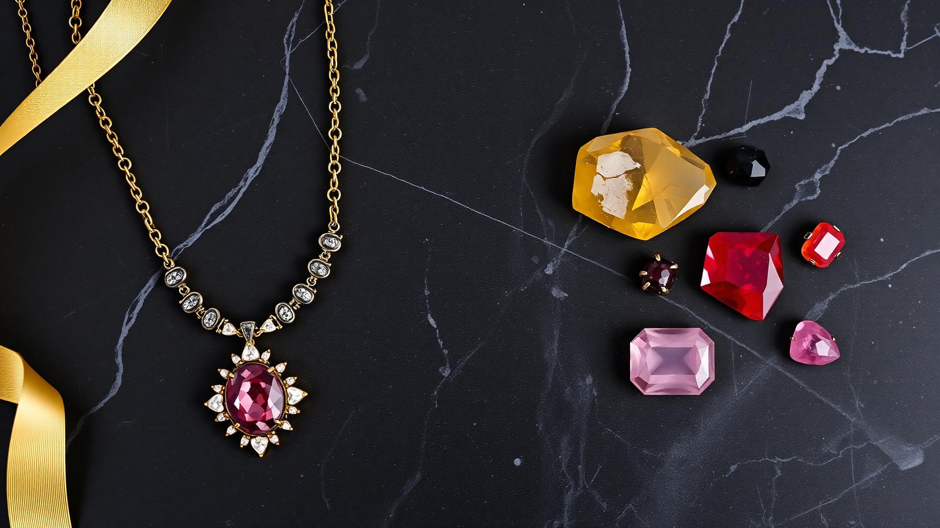 Custom designed gemstone jewellery laid on dark marble